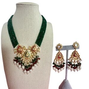 Gold-Tone Kundan Necklace with Green Beads and Pearl Drops